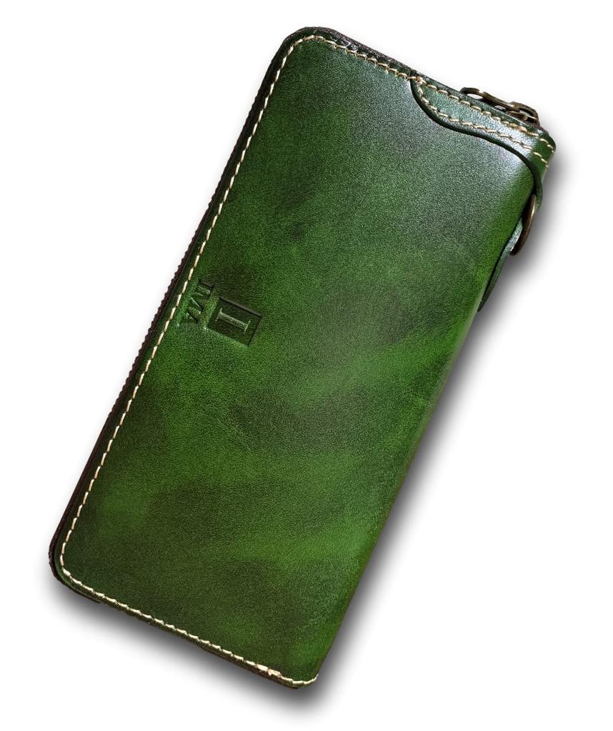 Ima Squillo Italian Leather Long Wallet with Chain Popular Round Green Wallet, Men's Ring, Women's Zipper, (Green)
