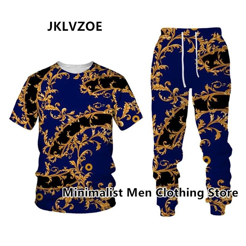 Мужской спортивный костюм, элитный бренд, футболка с коротким рукавом + длинные брюки, комплект из 2 предметов с золотистым 3D принтом, спортивная одежда для бега, повседневная уличная одежда