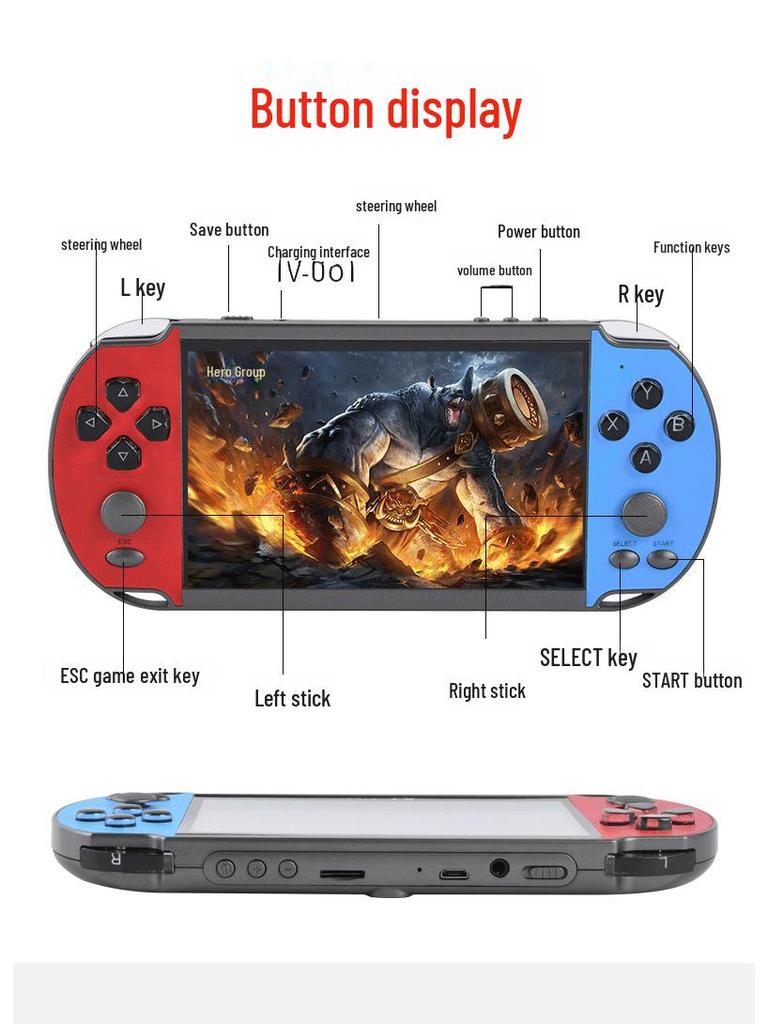 X7Plus Handheld Game Console - 5.1" Screen, PSP Dual Joystick, Red & Blue