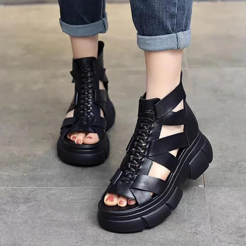Мода 2024 Лето Черные Женские Сандалии Из Искусственной Кожи Крутые Ботильоны Туфли На Платформе Клинья Sandalias De Mujer Модные Уличные Сандалии