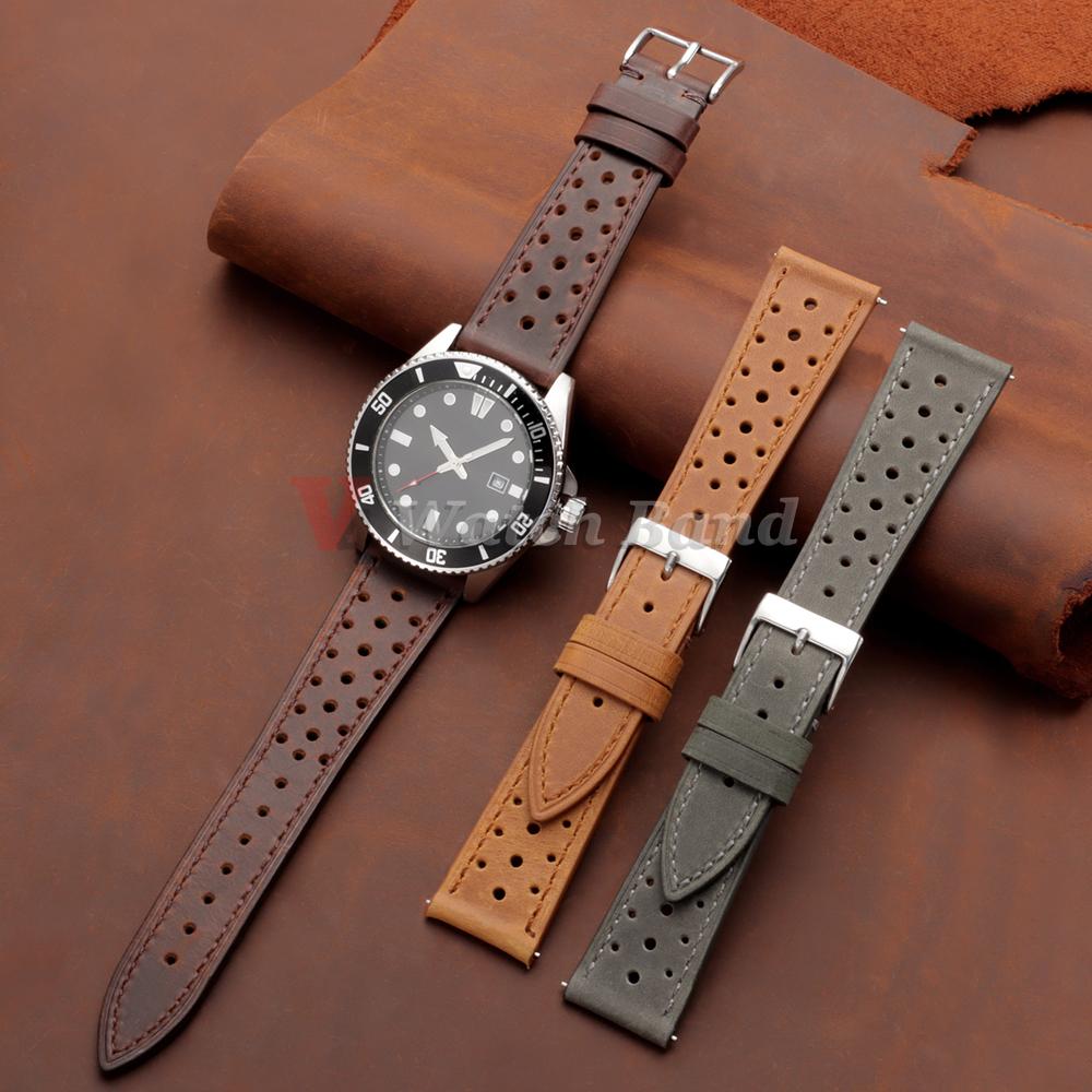 Breathable Porous Watchbands 18mm 19mm 20mm 21mm 22mm 24mm Quick Release Vintage Racing Leather Watch Straps for Seiko for Rolex