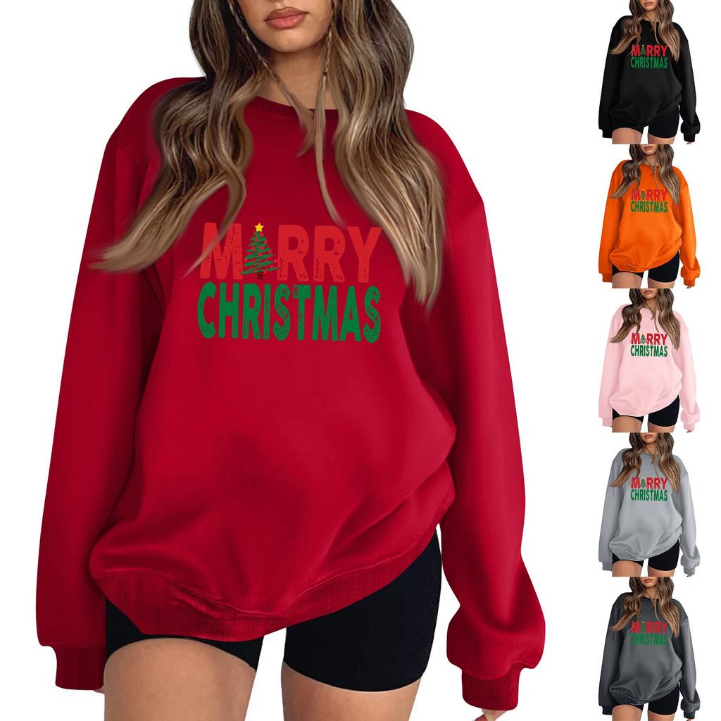 Women's Casual Fashion Christmas Print Long Sleeve O-Neck Sweatshirts Pullover Top