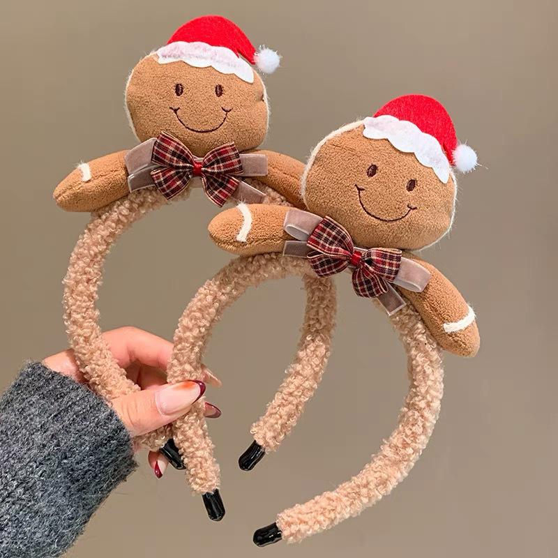 Пряничный человечек мультяшный рождественский плюшевый ободок для женщин: Милый аксессуар для волос для умывания, новинка 2024