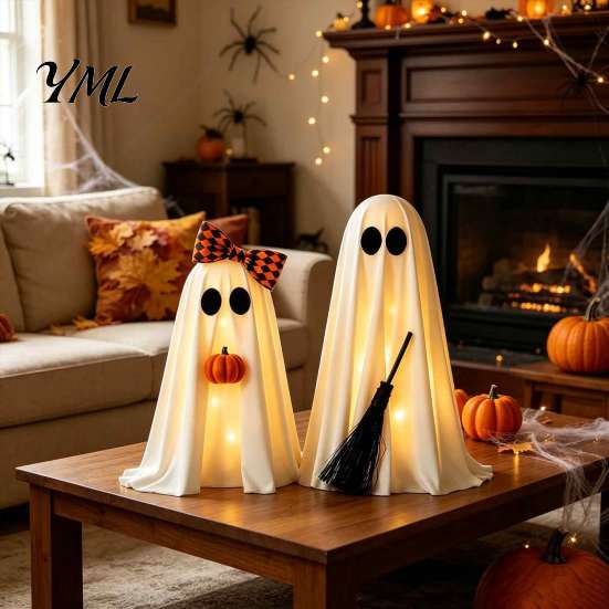 Halloween Ghost Decorations 2 Pcs Spooky Decoration, Cute Standing with Broom Tiered Tray Decor And Pumpkin for Indoor Party Home Table Kitchen