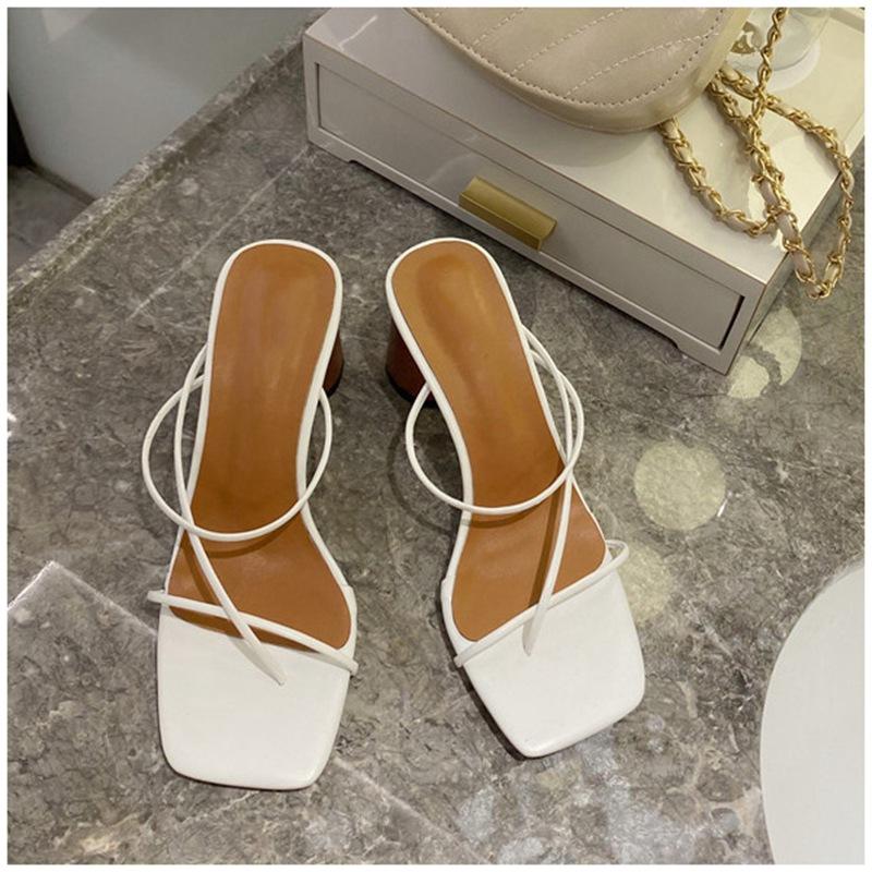 Summer Square Heel Shoes Square Toe Sandals Ladies Thick Heels Mid-heels Sexy Solid Color Slippers Sandals Zapatos De Mujer