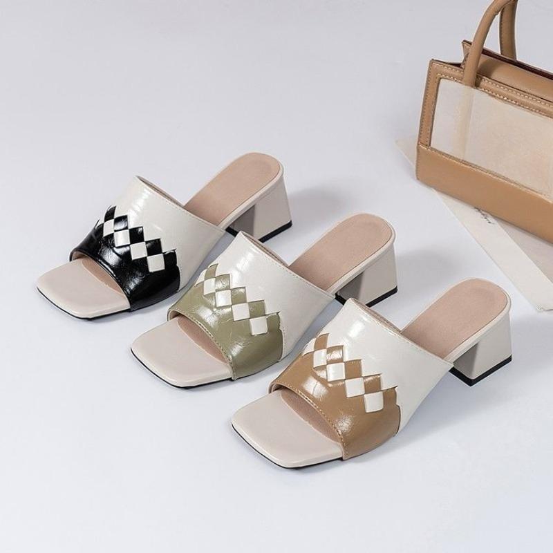 Fashion Summer Cool Drag Women Wear Fashion Color Block Square Toe Open Toe Non-slip Wear-resistant Block Heel Slip Slippers