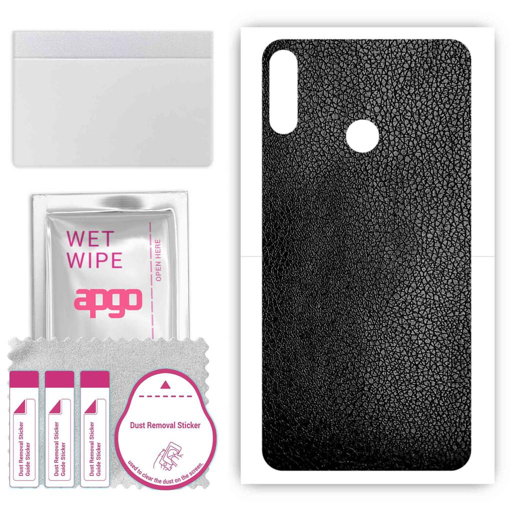 apgo Protective Skin Sticker for the Back Compatible with Tecno Spark 3, Wrap Film, Foil, Vinyl - Pattern Black Leather