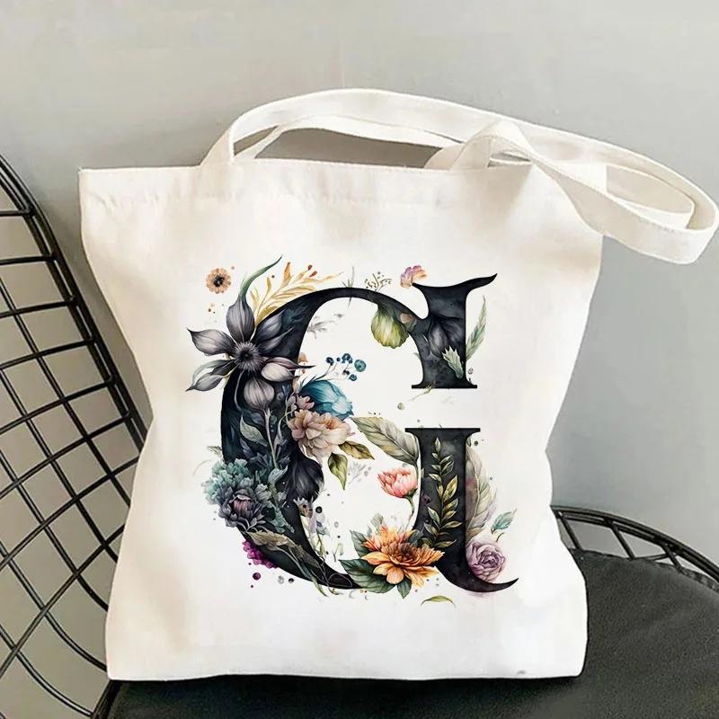 26 Черных Холщовых Сумок-Тоут с Цветами Алфавита для Женщин, Большой Вместимости, Повседневная Новая Сумка для Шопинга с Принтом, Многоразовая Эко-Сумка, Большая