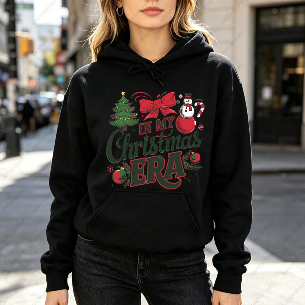 In My Christmas Era Retro Slogan Graphic Hoodie Women Casual Long Sleeve Pullover Vintage Xmas Tree Snowman Holiday Gift Top