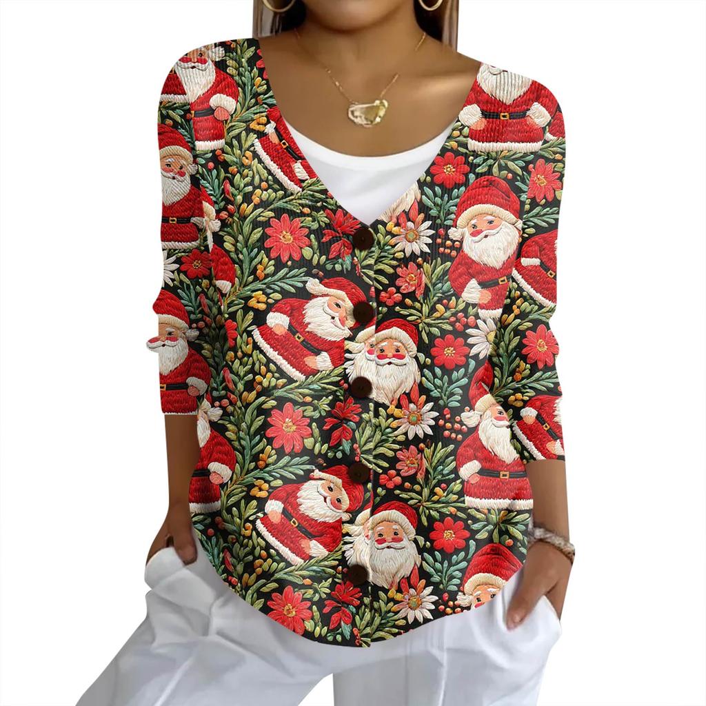 Women's Fashion Casual Knit Sweater Button-Up Christmas Print Cardigan Jacket