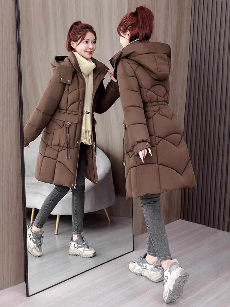 Medium and long cotton-padded clothes, new women's winter clothes, hooded drawstring waist cotton clothes, white, black and brown coat.