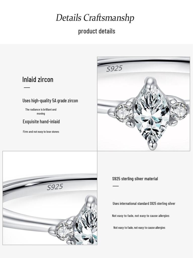 Женское кольцо из стерлингового серебра S925 с цирконами в форме ромба, легкая роскошь, простой штабелируемый дизайн для указательного пальца