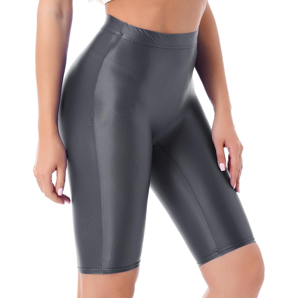 Womens Glossy High Waist Shorts Elastic Waistband Short Leggings Swimwear Workout Sports Bottoms