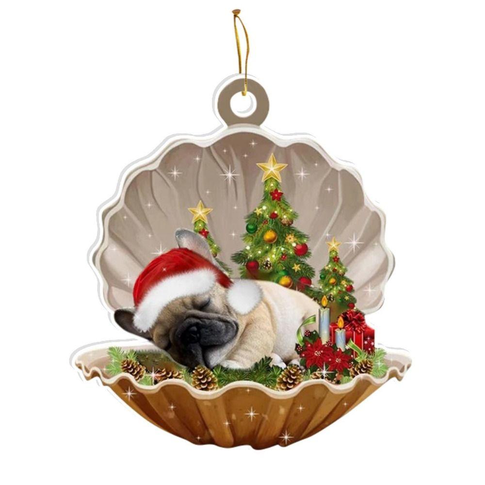 Decorative Shell Sleeping Dog Christmas Ornament 2D Xmas Dog Keychain Christmas