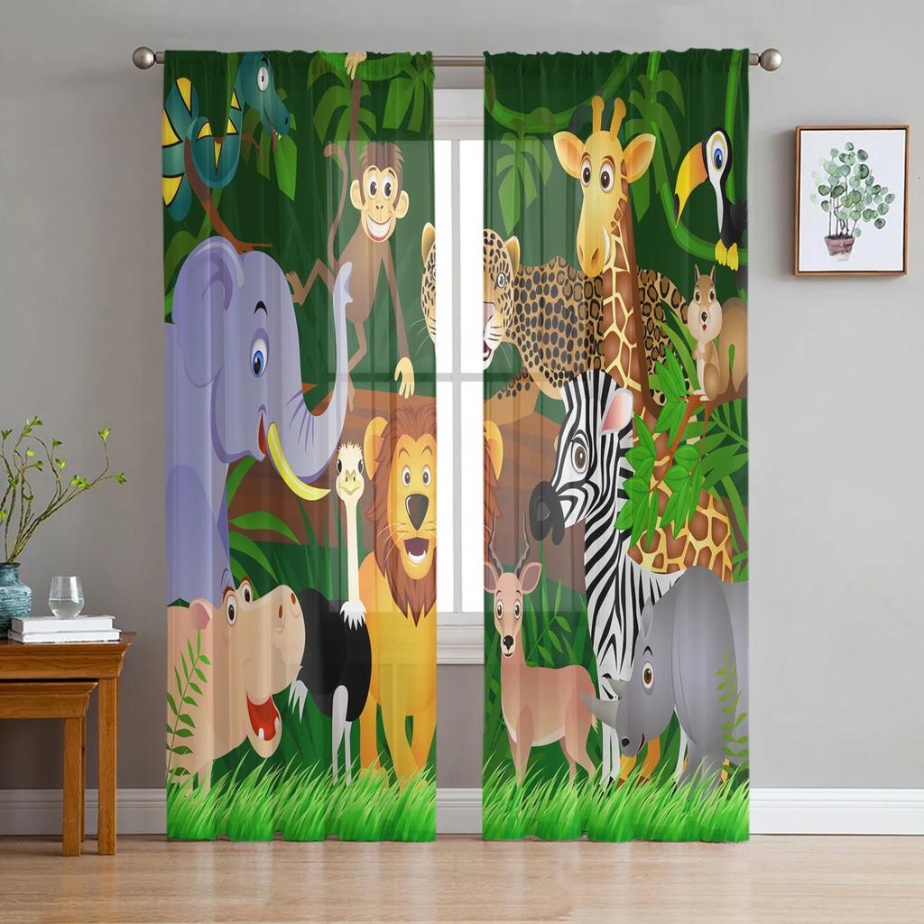 Jungle Forest Cartoon Animal Lion Elephant Tulle Sheer Curtains for Living Room Bedroom Window Curtain Voile Organza Drapes