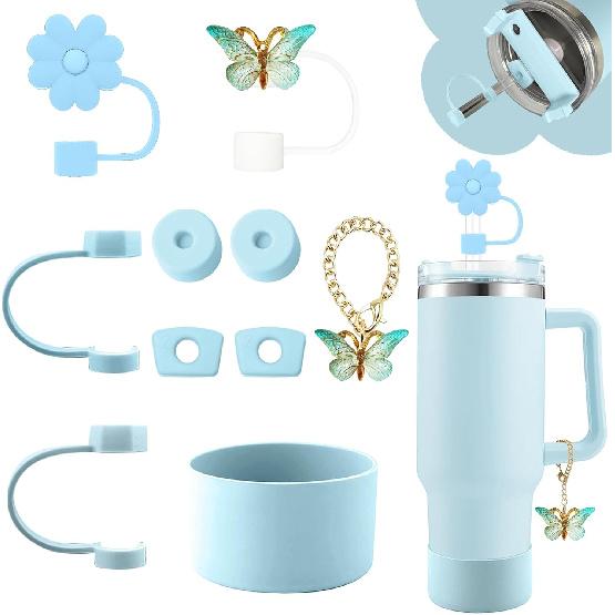 Cup Accessories for Stanley 30oz&40oz Tumbler including Flower Butterfly Straw Topper Cover, Spill Proof Stopper, Silicone Cup Boot, Butterfly Charms