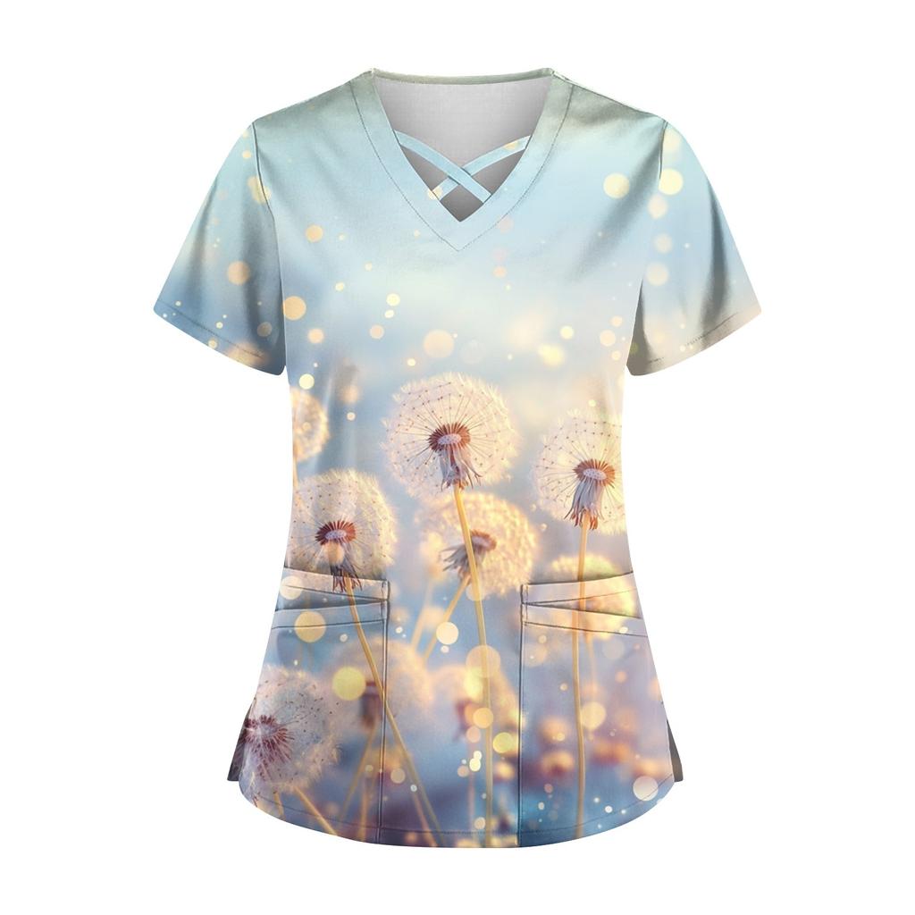 Women's Short Sleeve Stagger V Neck Print Pocket Dry-nurse Top