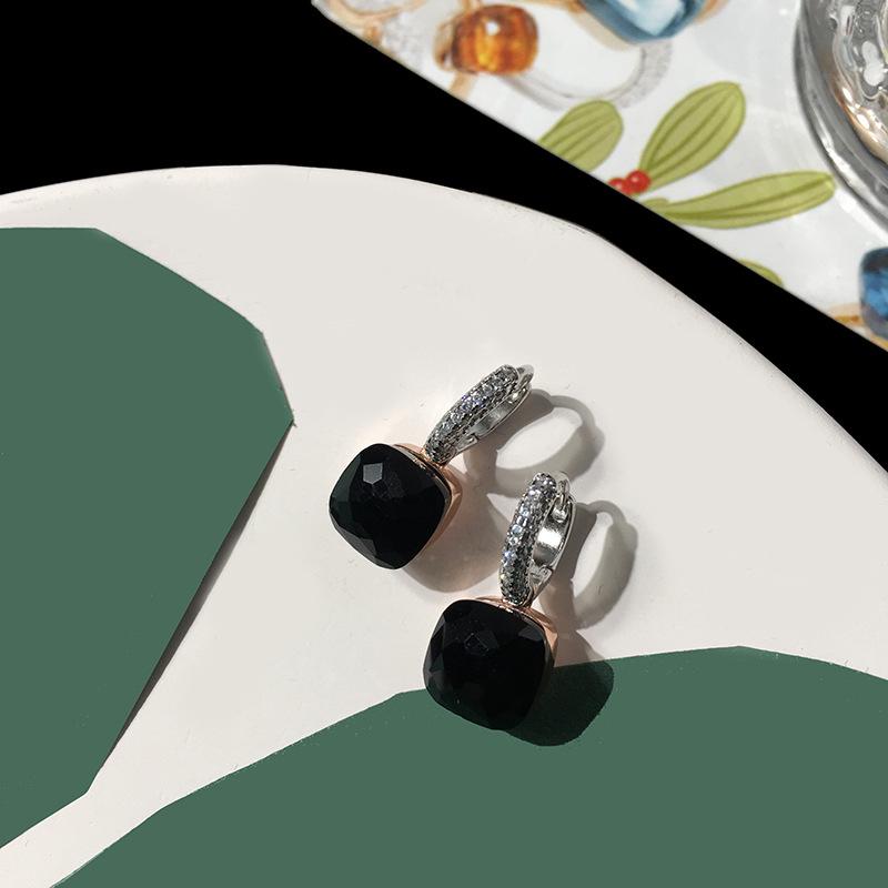 Серьги-пусеты из серебра S925 в стиле знаменитостей – Грибовидная головка с бриллиантовой инкрустацией и квадратным камнем конфетного цвета