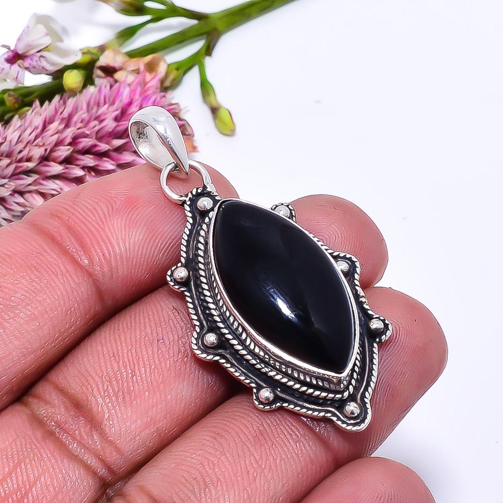 Black Onyx - Brazil 925 Sterling Silver Pendant V9031, Black Pendant, Marquish Pendant, Valentin's Day Gift, Gift For Her, Birthday Gift, Handmade Jew
