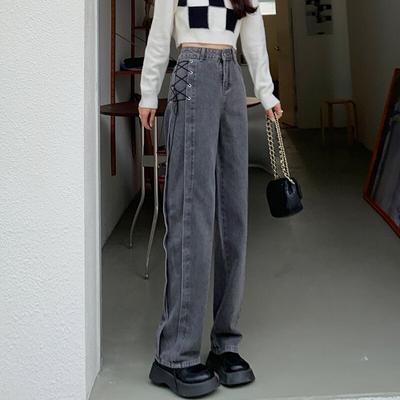 Осень-весна, джинсы, женские джинсовые брюки, винтажные прямые брюки, модные женские однотонные свободные повседневные широкие брюки на шнуровке
