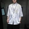 Летняя вышитая рубашка мужская ледяной шелк высокое качество повседневная свободная с коротким рукавом топы ретро Кунг-фу традиционная кардиган мужской