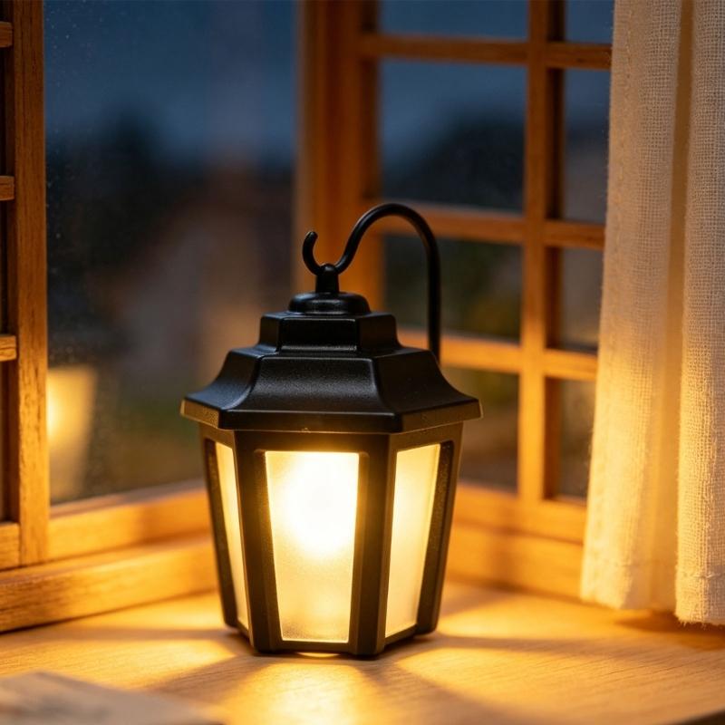 Small LED Lantern Decoration, Plastic Small Black Lamp, Hanging Ornament for Dollhouses Decors, Tabletop Model Layouts, Desktop Shelf Display