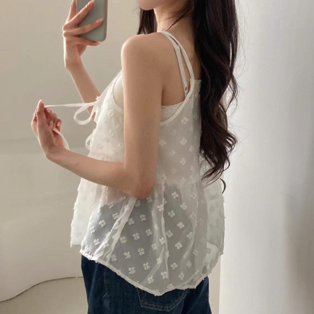 French Lace Sling Elegant Mesh Tops Women Summer Fashion Stacked Design Loose Gauze Tanks Korea Vintage Outwear Camis 2024 New