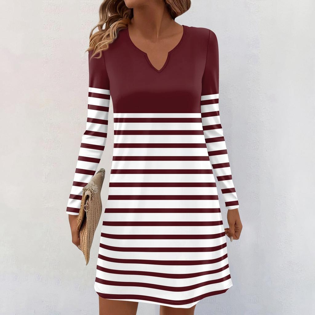 Women's Long-sleeved Casual Midi Dresses V-Neck Print Casual Dress