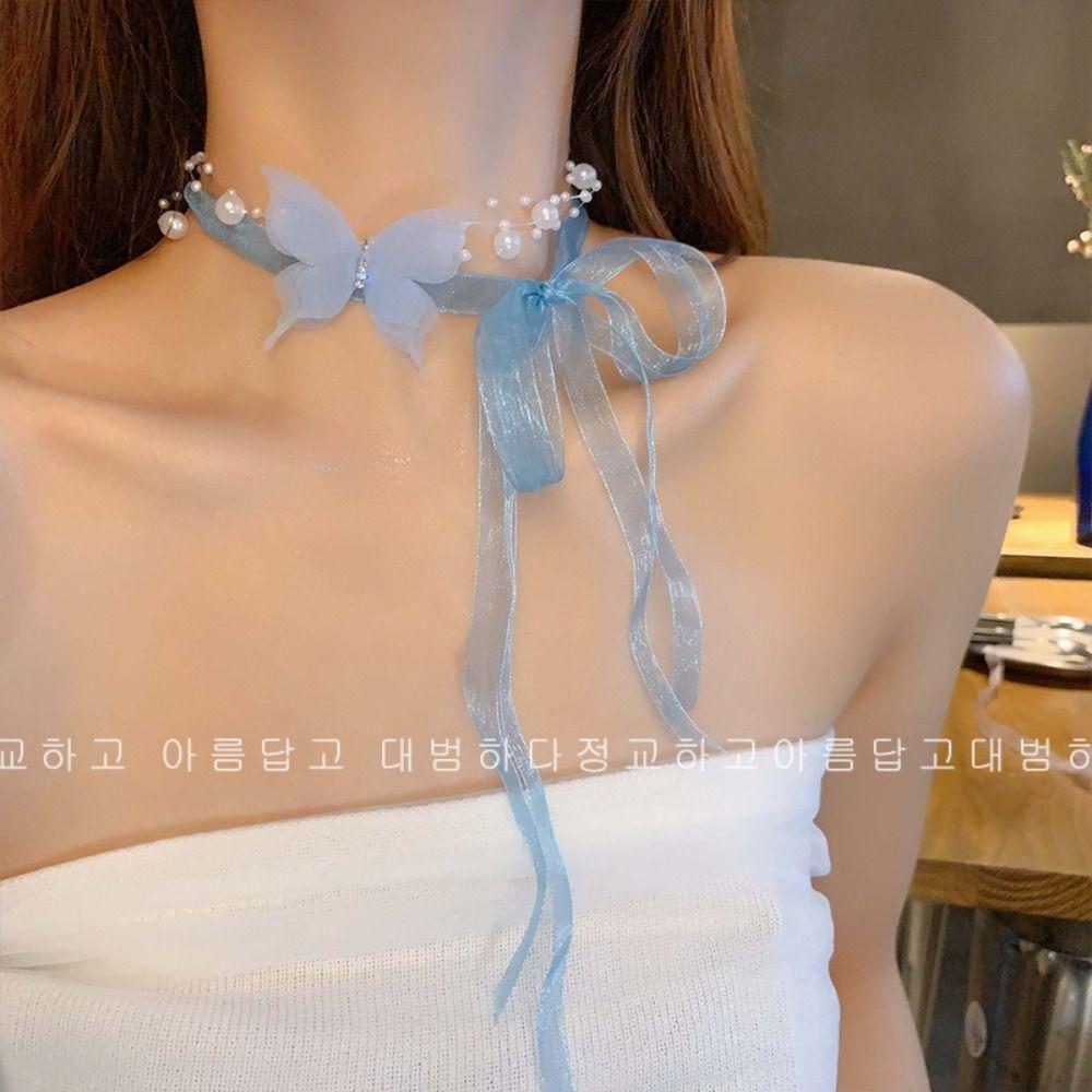 Elegant Butterfly Necklace Temperament Girl Ribbon Choker New Ribbon Butterfly Choker  Women