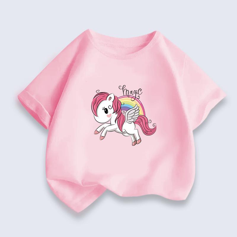 Pure Cotton Breathable Children's T-shirt 2026 Summer New Rainbow Pony Print Casual Parent-child Outfit for Boys and Girls