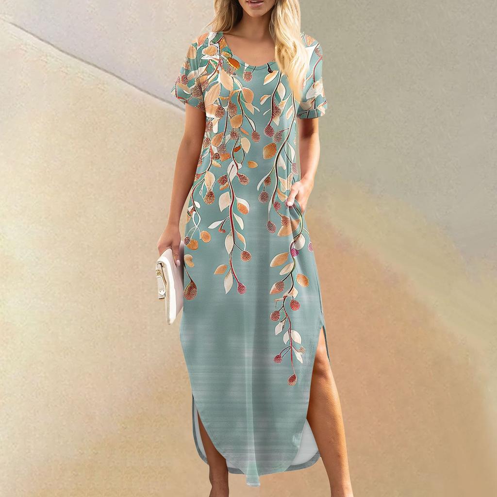 Женские летние повседневные свободные пляжные макси длинные платья с V-образным вырезом и короткими рукавами, модные наряды