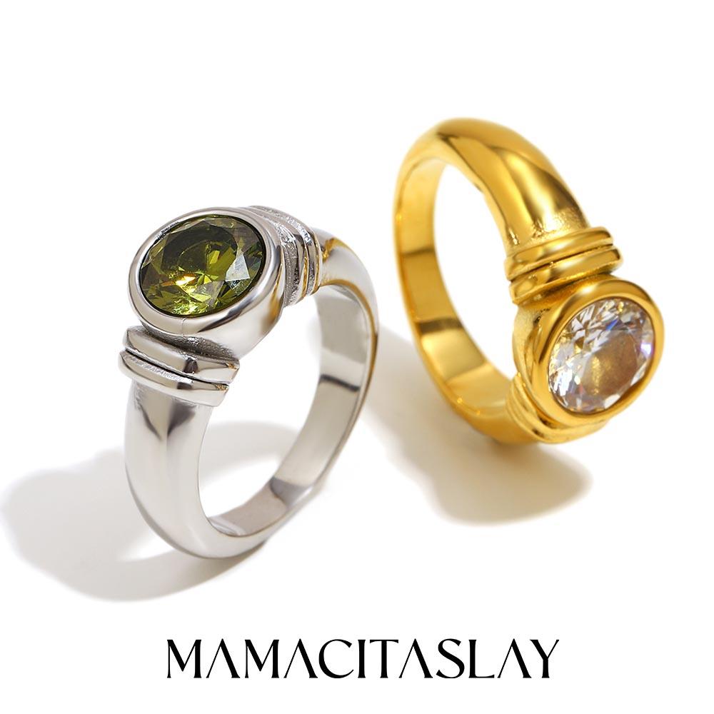 MamacitaSlay Кольцо из нержавеющей стали 316L с цирконами, неправильной формы, с покрытием 18 карат золотом, водостойкое, женское, классическое, высокое качество