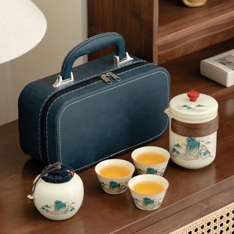 Ru Kiln Travel Tea Set, Outdoor Portable Ceramic Express Cup with Teapot, Tea Can, Leather Bag, Business Gift.