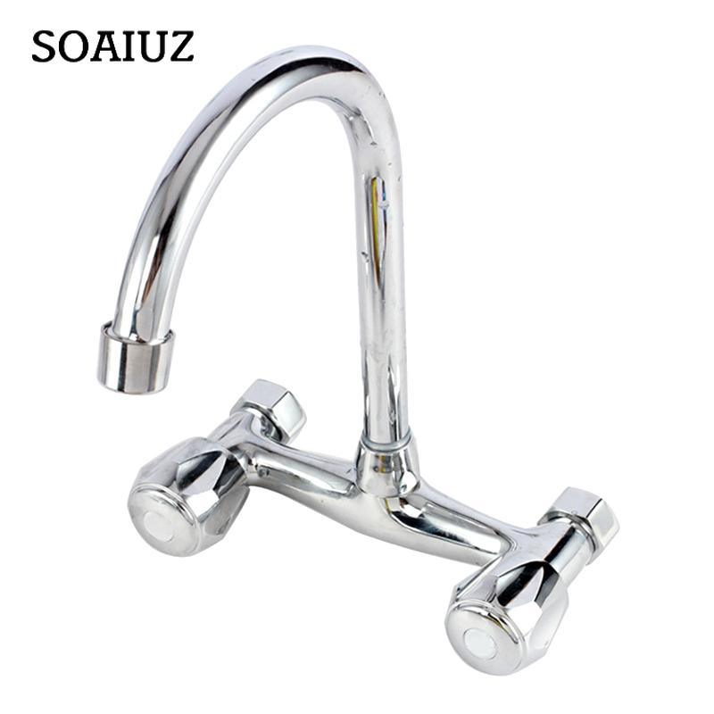Wall Mounted Kitchen Faucet Double Handle Sink Basin Tap Cold Hot Water Mixer Tap Dual Hole Bathroom Sink Wash Basin Water Tap