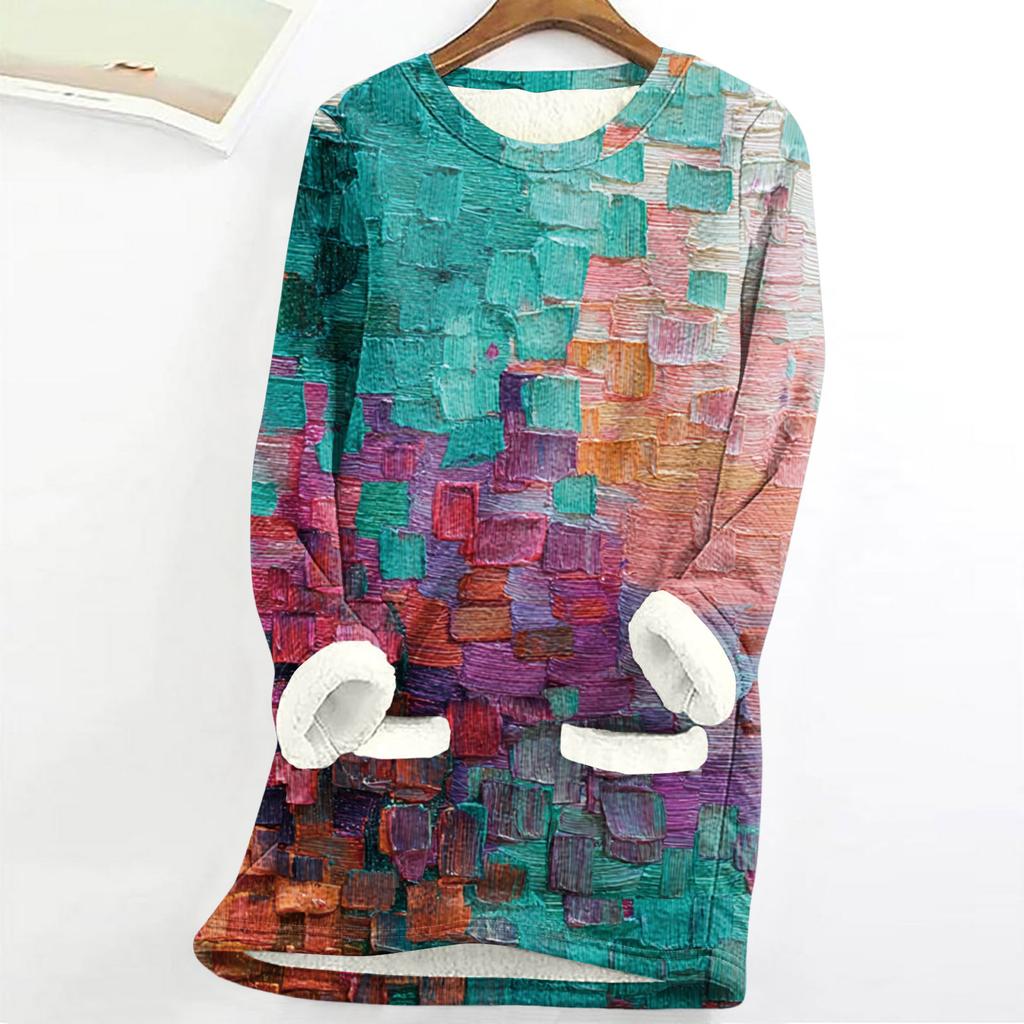 Women's Round Neck Top Printing Thickened Plush Cashmere Warm Long Top
