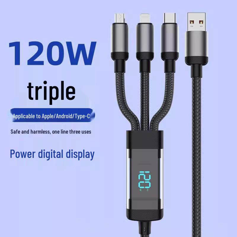 120W 3-in-1 Fast Charging Braided Data Cable for Huawei, Apple, and Type-C Devices with Digital Display