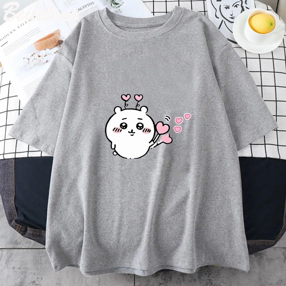 Футболка Chiikawa с принтом Kawaii, женская футболка, уличная дышащая футболка с коротким рукавом, модная повседневная одежда, летняя футболка из 100% хлопка, футболка унисекс