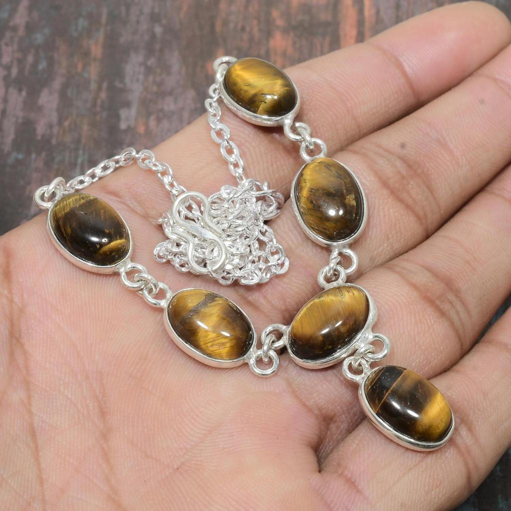 Tiger Eye Gemstone Handmade Solid 925 Sterling Silver Jewelry Necklace For Women