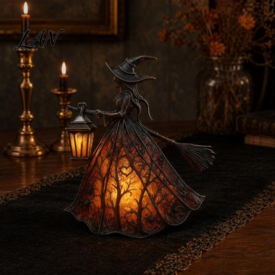 Halloween Witch Light Lamp Decoration, Gothic Holding Lantern Light, Tabletop Spooky Night for Holiday Party Decor