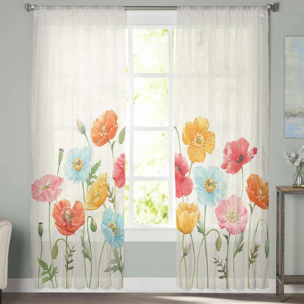 Акварельные тюлевые шторы с цветком мака для гостиной, прозрачные занавески для спальни, оконные жалюзи, вуаль, шторы