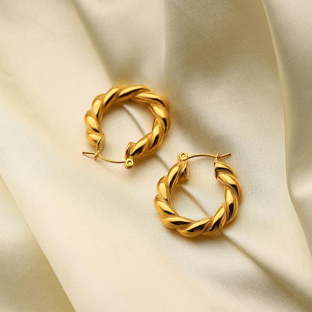 Classic Jewelry Hypoallergenic Waterproof Circle Thick Twist Hoop Earrings Gold Plated Stainless Steel 18K Brass Opp Bag Women's