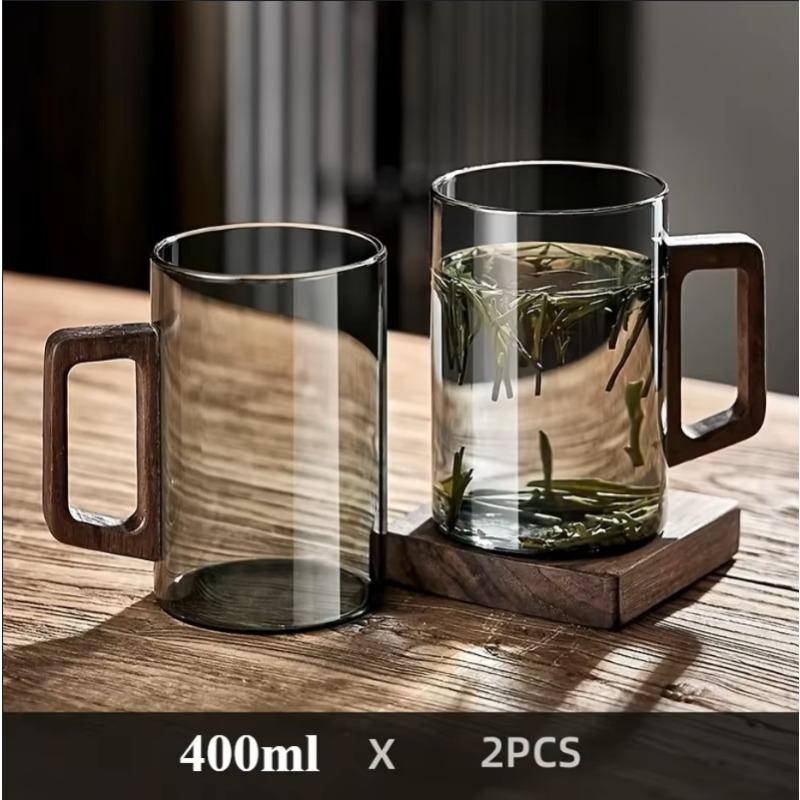 Heat Resistant 100ml Glass Mug with Walnut Handle for Coffee Tea Hot and Cold Drinks Suitable for Home Office Breaks 1/2pcs
