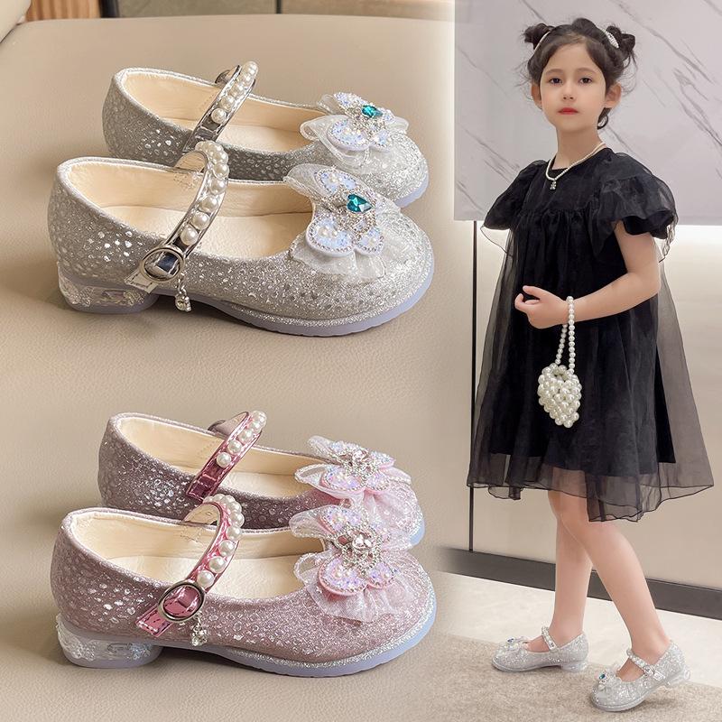 Туфли принцессы для девочек с бантом, детские туфли на высоком каблуке с кристаллами, модная детская блестящая обувь для выступлений, высокое качество 2024 г.