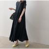 Summer Solid Color Round Neck Literary Loose Pleated Short Sleeve Dress