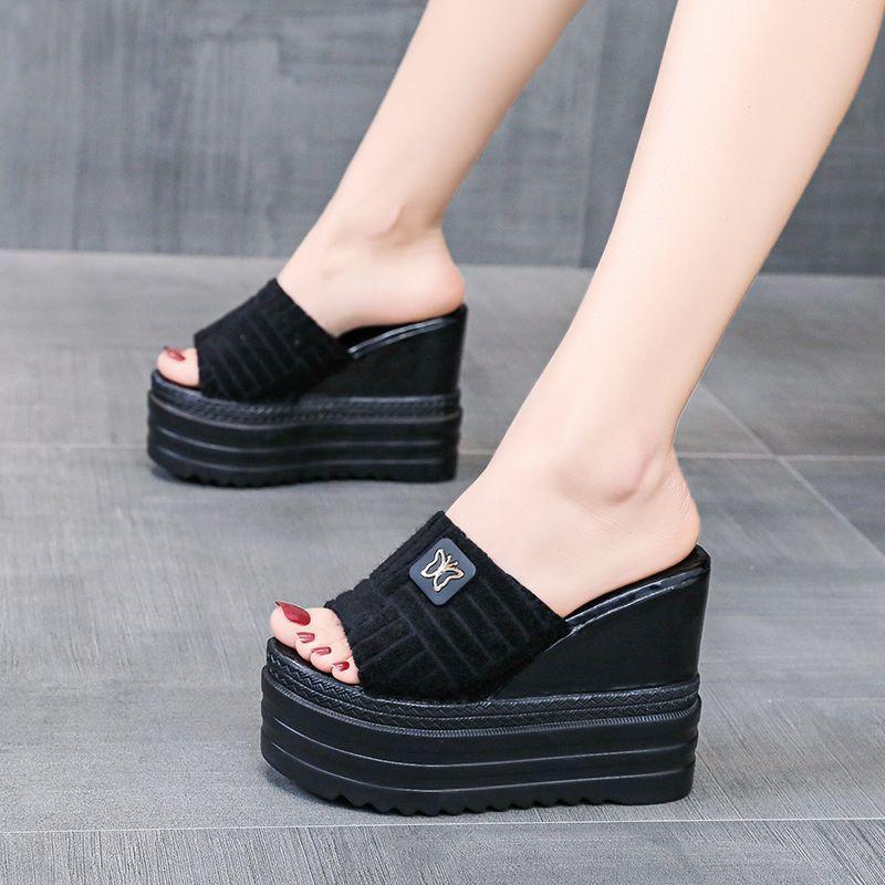 Летние модные женские туфли на каблуке 12,5 см, женские тапочки на высоком каблуке с неглубоким горлом и танкеткой со стразами