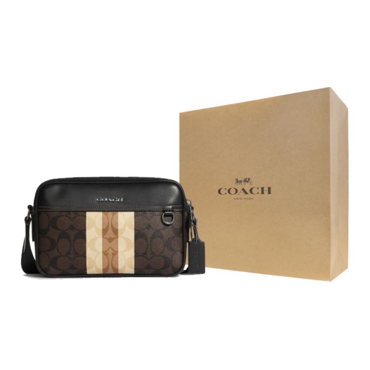 Coach Грэм 25 Классическая полосатая сумка-камера с монограммой Цветовые блоки Молния Мужская сумка через плечо Черный Темно-коричневый C9965-QBMAA