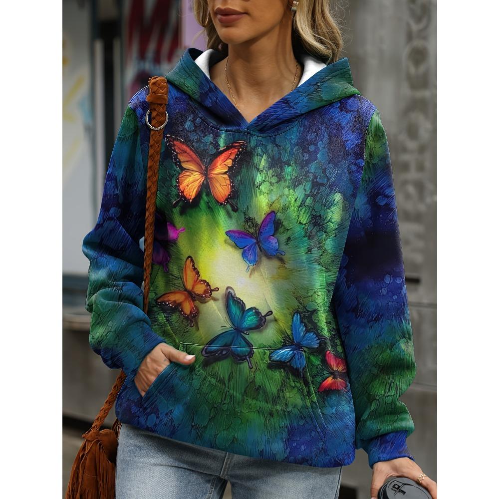 Plus Size Womens Casual Glitter Butterfly Print Hooded Sweatshirt - Long Sleeve Slight Stretch Pocket Machine Knit Perfect for Spring and Fall Seasons