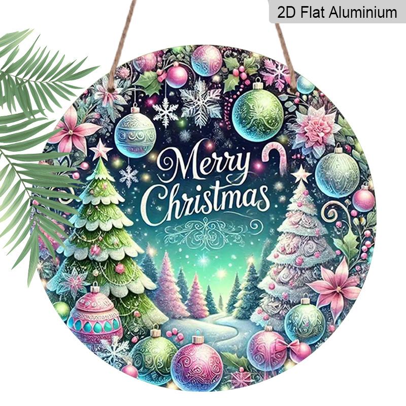 2D Flat, 1pc Vintage Round Aluminum Hanging Sign - Pink/Purple/Green Wreath Center Metal Decoration with "Merry" Text, Durable Indoor/Outdoor Holiday