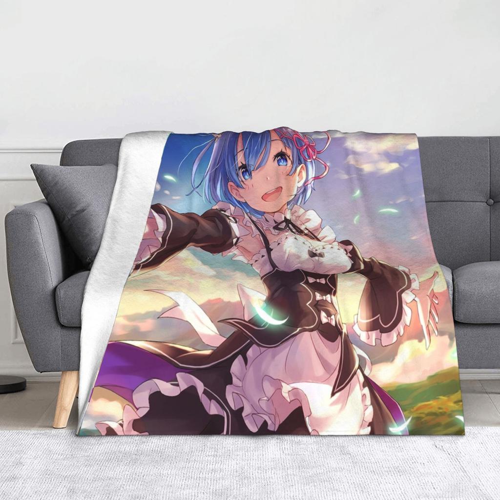 Rem Emilia ReZERO Flannel Throw Blankets Starting Life in Anothers Worlds Anime Blanket for Sofa Couch Warm Bedroom Quilt
