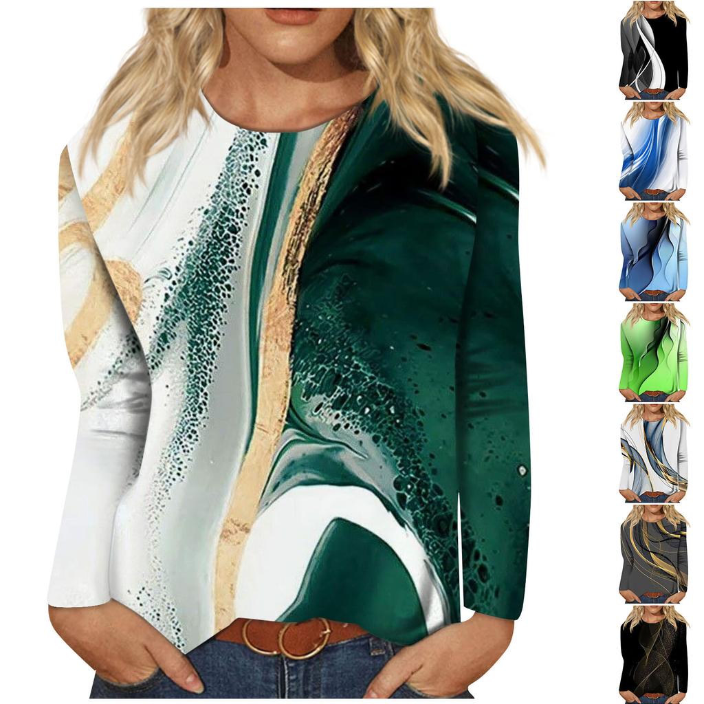 Women's Fashion Casual Long Sleeve Print Round Neck Pullover Top Blouse